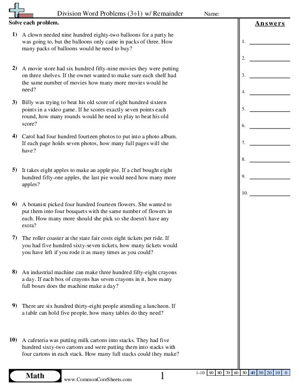 3 ÷ 1 (With Remainder) worksheet